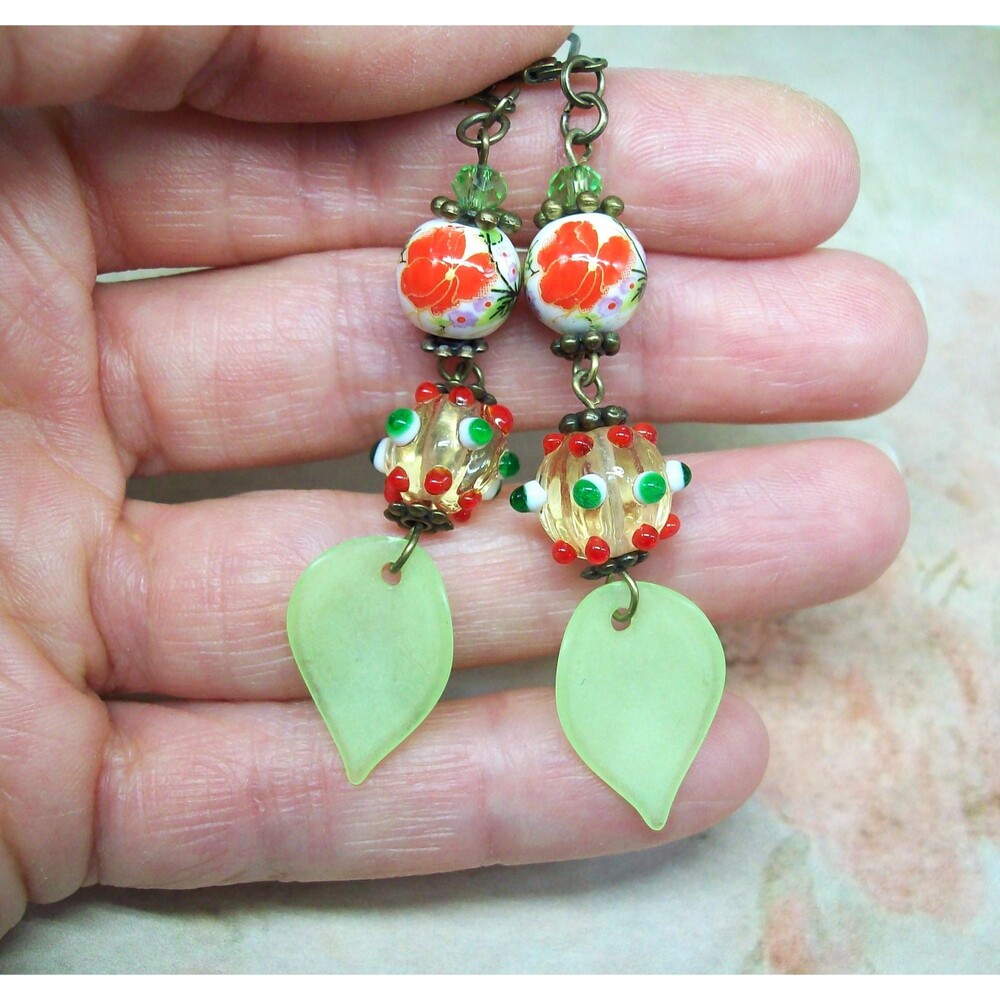 Boho Floral Dangle Earrings, Porcelain, Antique Bronze, Artisan Crafted Flower J